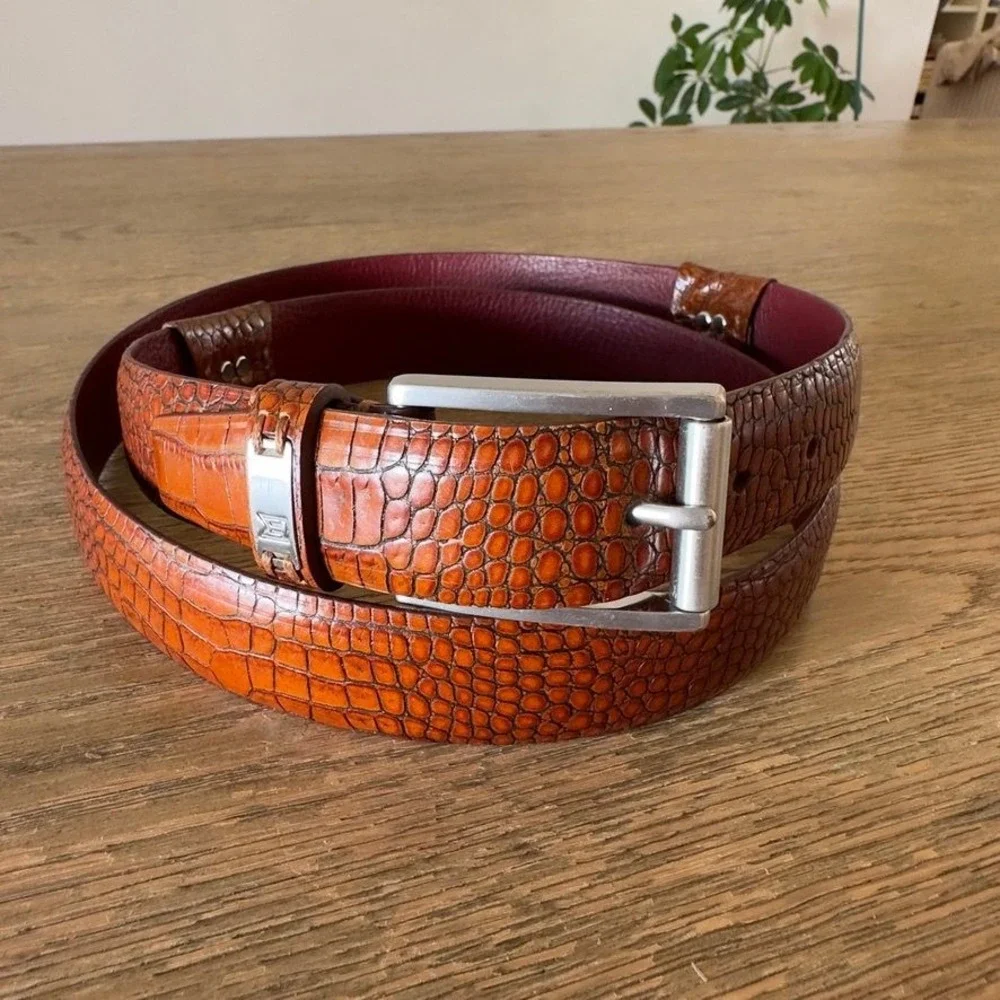 Tiger Woods Collection Brown Croc Embossed Leather Belt Men's Golf Silver Buckle